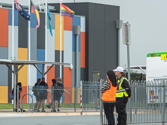 Security at the bus stop outside the school. Picture: Jason Edwards