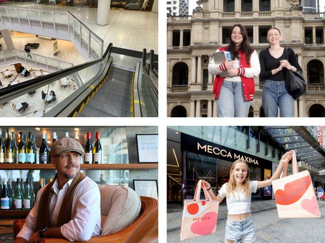 (Clockwise from top left) Uptown has been quiet since Myer left; Griffith University will turn the old Treasury building into a new campus; retail is still in the doldrums and Andrew Baturo is confident about the inner-city hospitality scene.