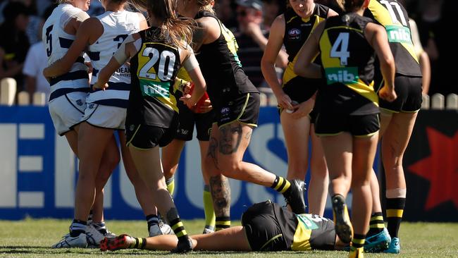 A clumsy tackle attempt saw Katie Brennan take no further part. Picture: Michael Wilson/AFL Photos