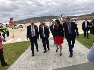 Denis Wagner, Qantas CEO Alan Joyce, Premier Annastacia Palaszczuk and Minister for State Development Cameron Dick arrive to announce the first location of the Qantas Pilot Training Academy. Picture: Tobi Loftus