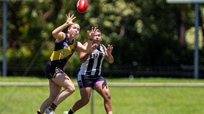 Eliza Hand and Ciana Niesner as the Nightcliff Tigers took on the Palmerston Magpies in the 2024-25 NTFL women's semi-final. Picture: Pema Tamang Pakhrin