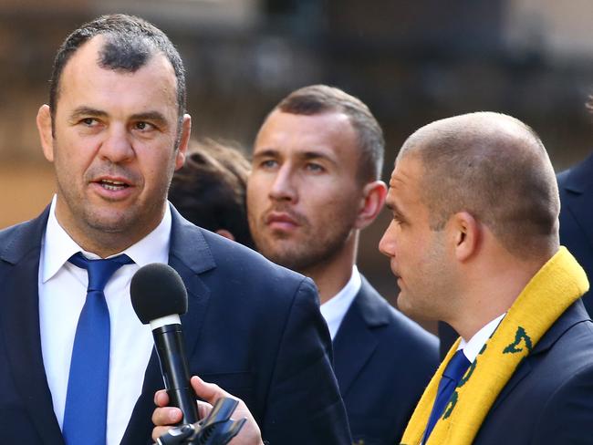 Pictured in Martin Place, Sydney today is Coach Michael Cheika speaking at the Wallabies public farewell before they head off to the Rugby World Cup. Picture: Tim Hunter.