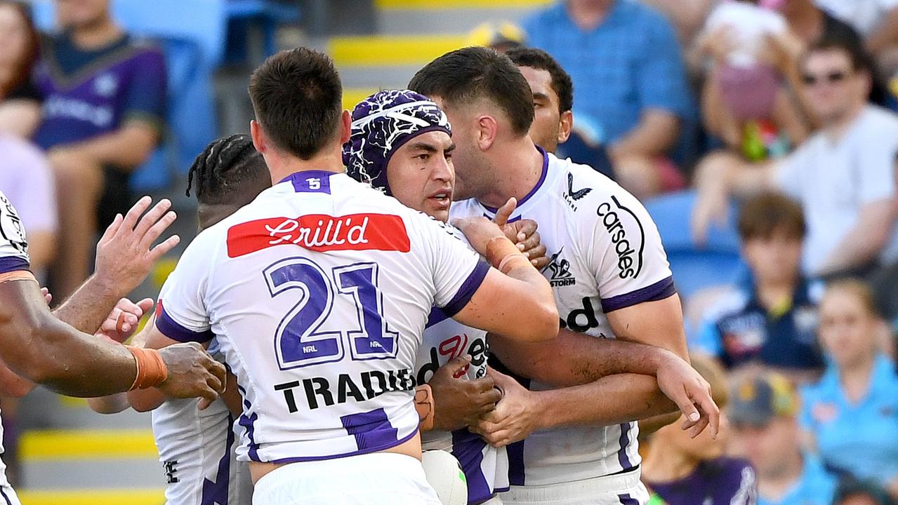 Jahrome Hughes is back for the Storm this week and ready to take on one of his best mates. Picture; Jono Searle/Getty Images