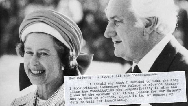 The Queen and Sir John Kerr and (inset) an explosive excerpt from Sir John’s letter notifying Buckingham Palace of Gough Whitlam’s dismissal.