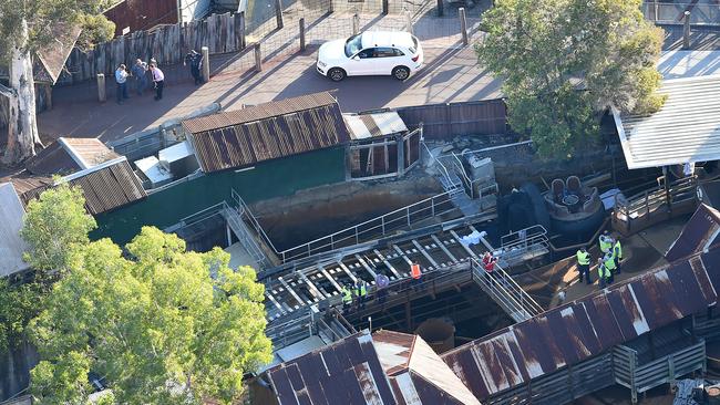 Queensland Emergency service personnel are seen at Dreamworld after the Thunder River Rapids Ride disaster. Picture: AAP