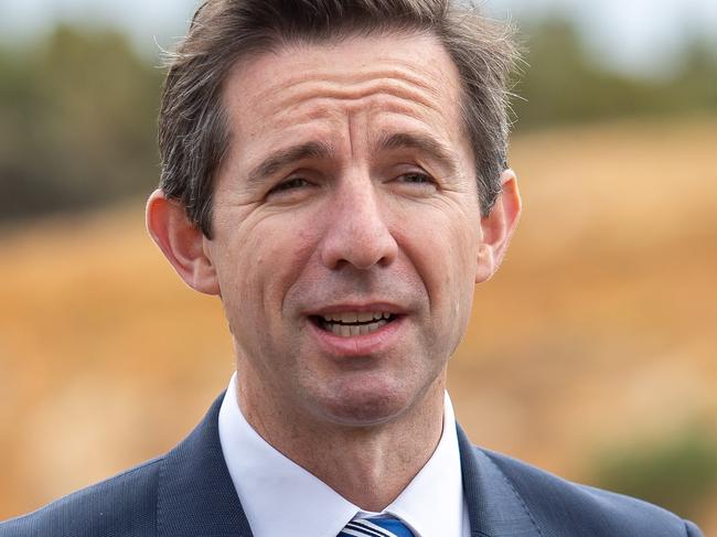 Federal Minister for Trade, Tourism and Investment Simon Birmingham speaks to media during a press conference announcing Australia's first compressed air energy storage project at Angas Zinc Mine near Strathalbyn, South Australia, Friday, February 8, 2019. (AAP Image/James Elsby) NO ARCHIVING