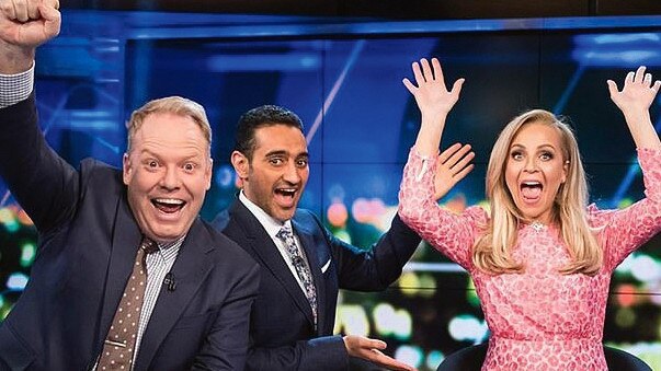 Helliar on The Project with co-hosts Waleed Aly and Carrie Bickmore. (Picture: Supplied)