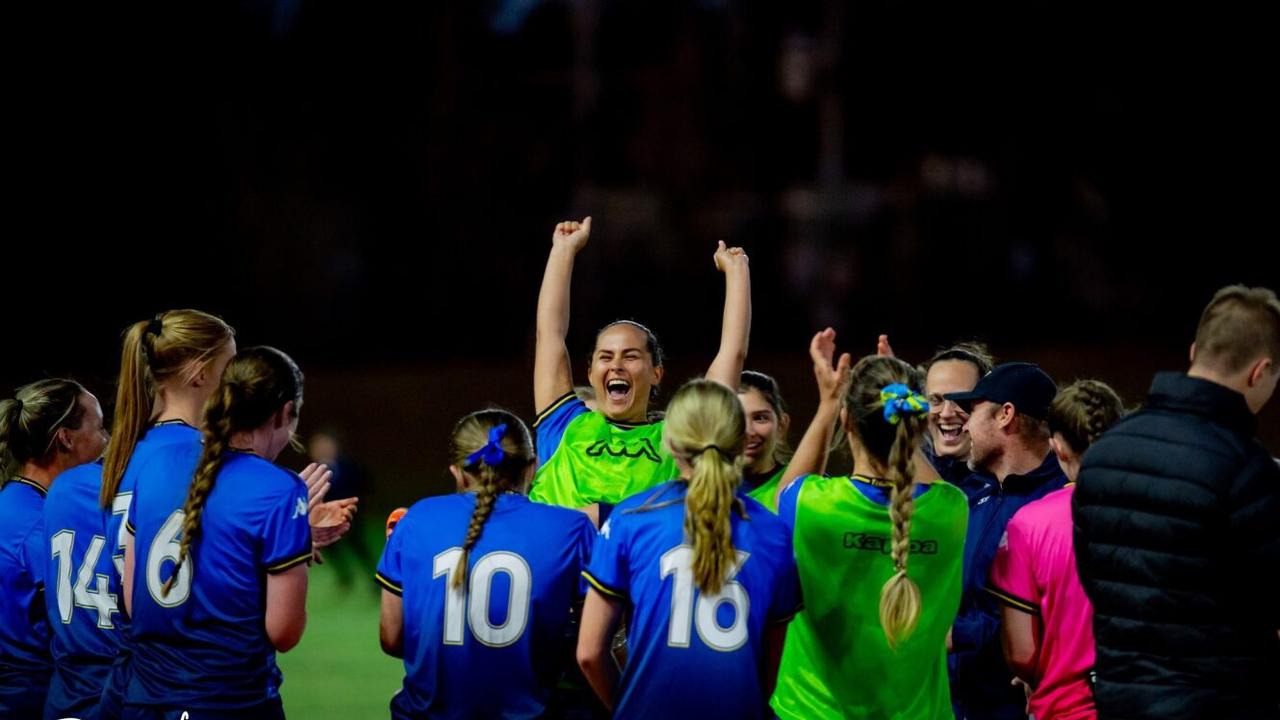 SWQ Thunder players celebrate their semi-final win over Broadbeach United. Picture: DSL Photography