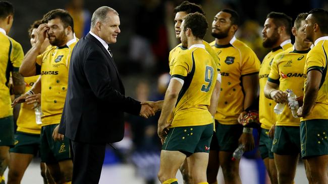 Wallabies v France at Etihad Stadium. Coach Ewen McKenzie congratulates his players after tonights game . Pic: Michael Klein. Saturday June 14, 2014.