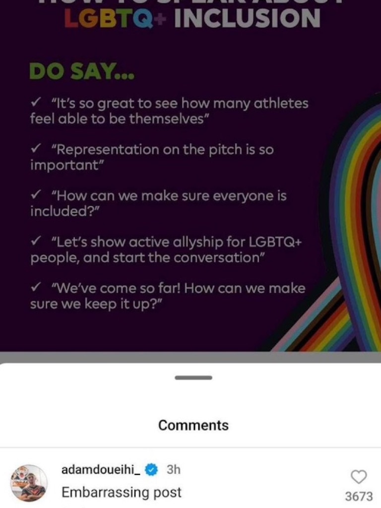 Adam Doueihi's comment on a Premier League post about LGBTQ+ inclusion. Picture: Instagram