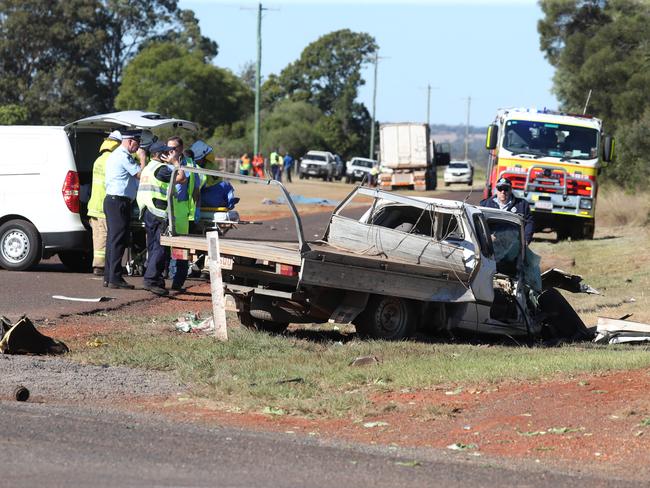 The wreckage of the utility at the scene of the crash. Picture: Annette Dew