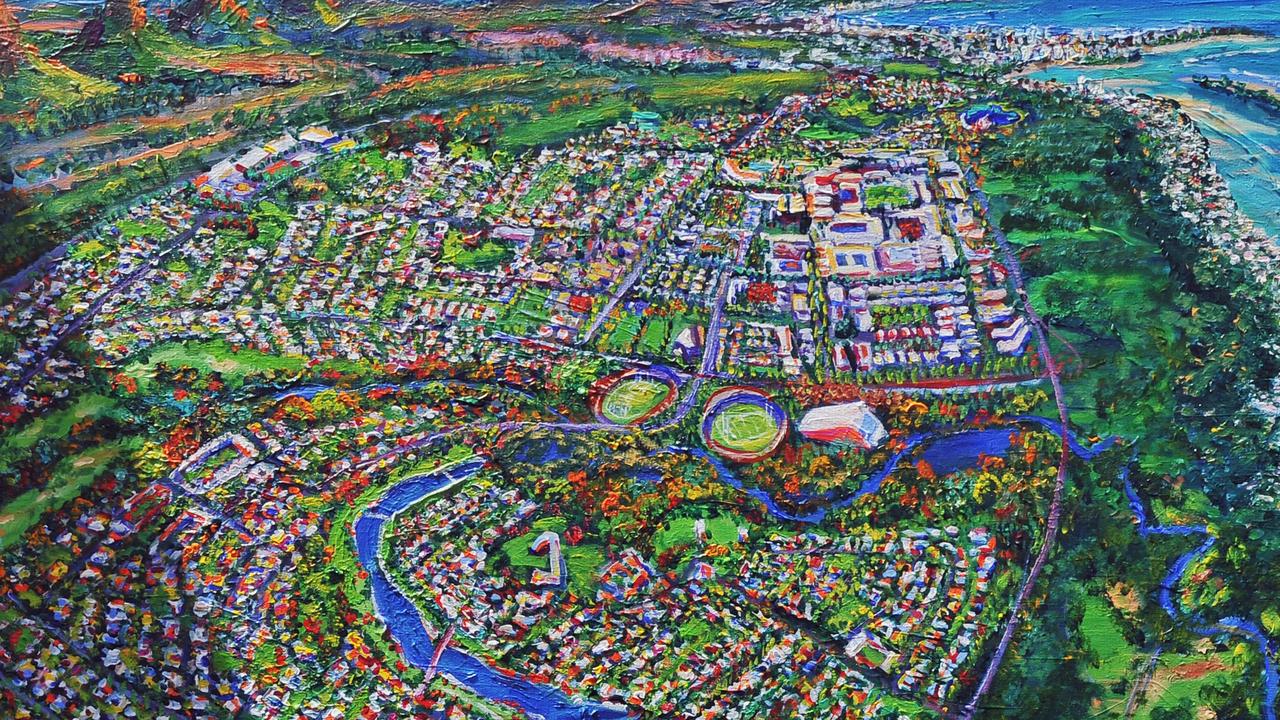 An artist’s painting featured at the launch of Aura, Caloundra South, showing what the community could look like once completed. Picture: Greg Miller