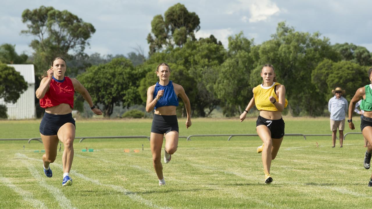 Hayley Reynolds (left) wins the Sunny Queen Women's Gift 75 yards. At the Arthur Postle Gift in Pittsworth. Saturday 18th January, 2025. Picture: Nev Madsen.