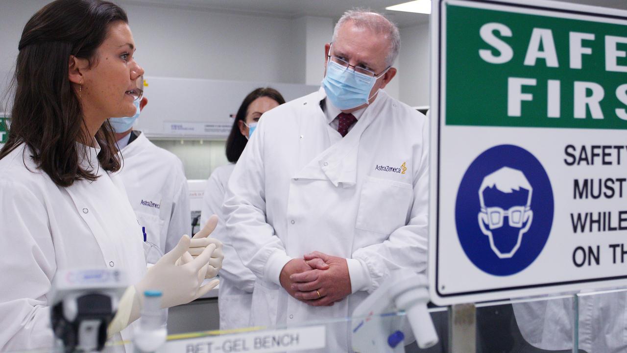 Scott Morrison meeting with an AstraZeneca team last month. Picture: Lisa Maree Williams/Getty Images