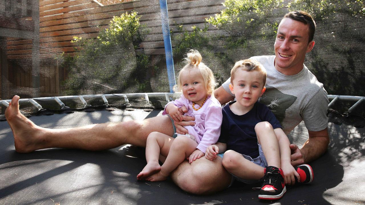 James Maloney with his kids at the Maroubra house, back in the days when he played with Sydney Roosters.