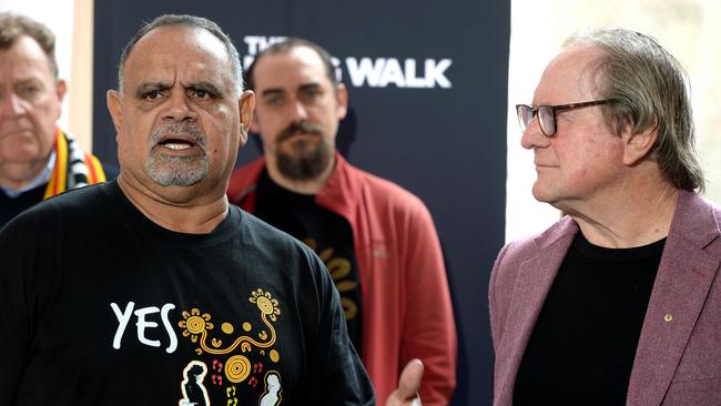 Indigenous champion Michael Long with Sheedy speaking in support of the Indigenous Voice to Parliament. Picture: NCA NewsWire / Andrew Henshaw