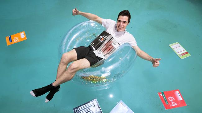 Jacob Lawrence makes a splash in his pool after finding out that he achieved four study scores above 40 on ATAR  which was released today. Picture: Tony Gough