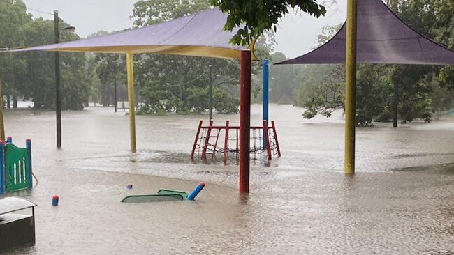 The Logan River at Dauth Park, Beenleigh, has broken its banks.