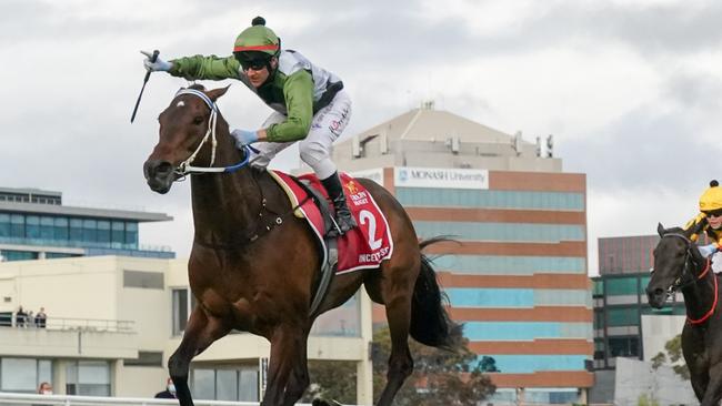 Incentivise and jockey Brett Prebble winning the Caulfield Cup. ‘He is exciting. He is probably one of the most exciting horses I’ve ridden.’ Picture: Racing Photos via Getty Images