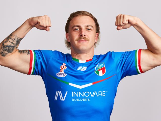 LIVERPOOL, ENGLAND - OCTOBER 11: Jake Maizen of Italy poses for a photo during the Italy Rugby League World Cup Portrait Session on October 11, 2022 in Liverpool, England. (Photo by Pat Elmont/Getty Images for Rugby League World Cup)