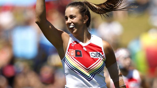 Sydney's Chloe Molloy celebrates kicking a goal  in her 50th game during the AFLW Pride Round match between the Sydney Swans and Collingwood at Henson Park on October 29, 2023. Photo by Phil Hillyard(Image Supplied for Editorial Use only - **NO ON SALES** - Â©Phil Hillyard )