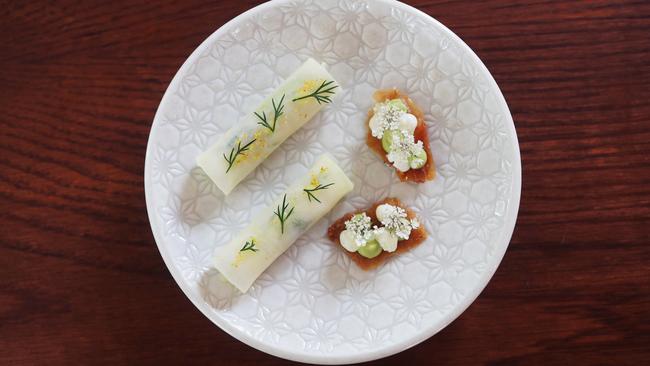 Kohlrabi apple and dill with chicken skin avocado finger lime. Picture: Rebecca Michael