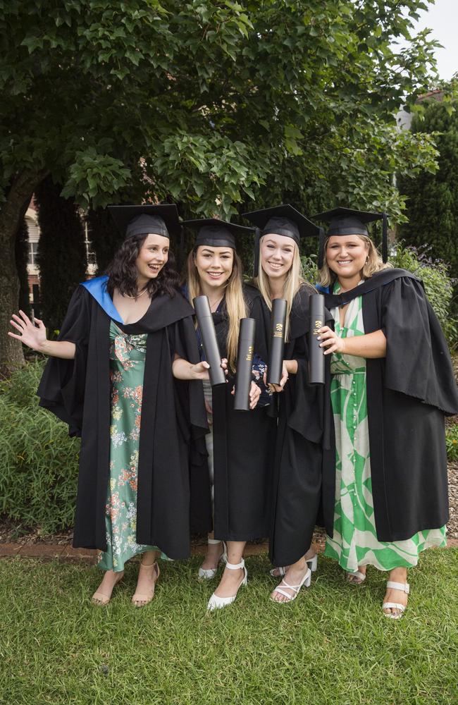 Bachelor of Nursing graduates (from left) Ellyann Acworth, Tylah Fontaine, Madeleine Delaforce and Kali Brumpton at a UniSQ graduation ceremony at Empire Theatres, Wednesday, February 14, 2024. Picture: Kevin Farmer