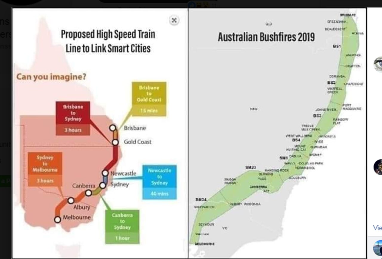 Conspiracy theorists say Australia’s bushland is being cleared for a high-speed rail network. Picture: Facebook