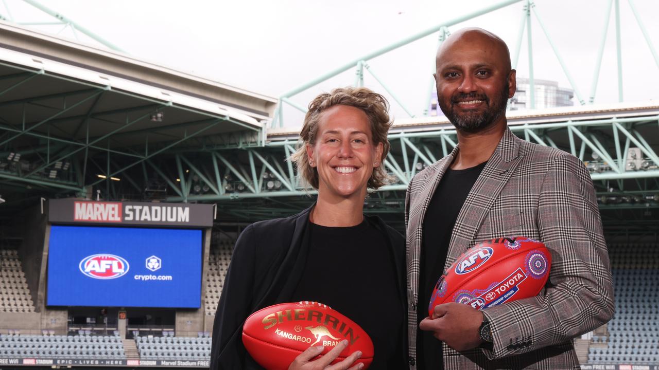 Kylie Rogers, AFL executive general manager commercial and Karl Mohan, Crypto.com general manager Asia &amp; Pacific. Picture: Jonathan Di Maggio