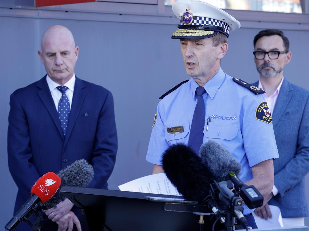 Then-Premier Peter Gutwein and then-Tasmania Police Commissioner Darren Hine during the press conference for the Hillcrest Primary school tragedy where six students lost their lives. Picture: Grant Viney