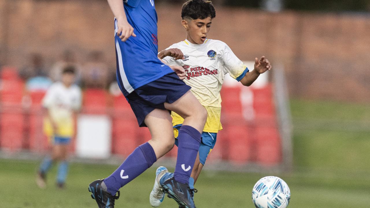 Birhad Ali of USQ FC against Rockville Rovers White in Football Queensland Darling Downs Community Juniors U13 Div 1 Maroon grand final at Clive Berghofer Stadium, Friday, August 30, 2024. Picture: Kevin Farmer