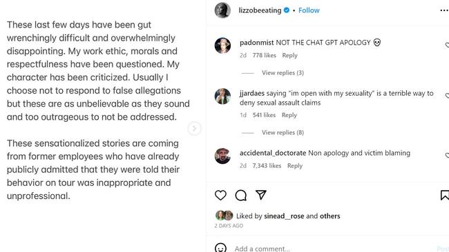 Lizzo's statement addressing the lawsuit, posted to her Instagram on Friday. Reaction from fans has been mixed.