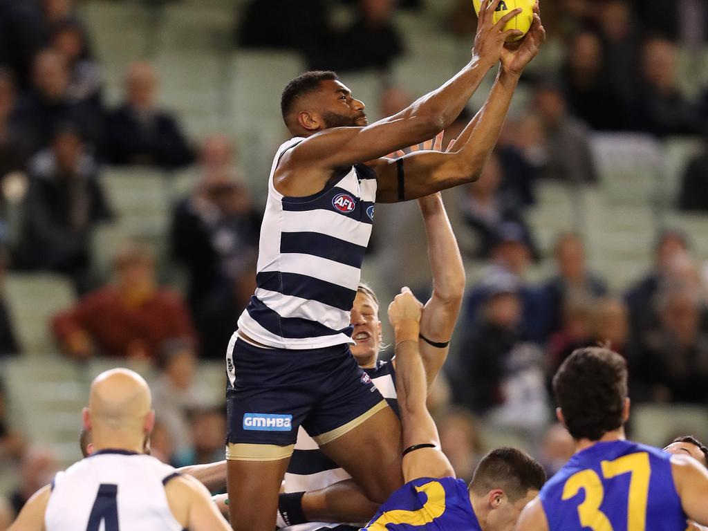 Geelong forward Esava Ratugolea takes a big grab in the third quarter. Picture: Michael Klein