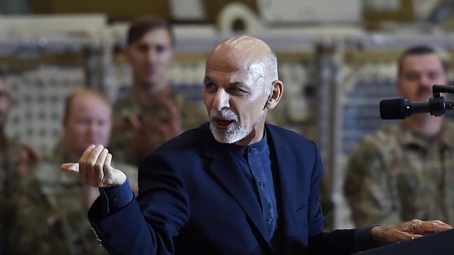 Afghan's President Ashraf Ghani addresses US troops in 2019. Picture: AFP.