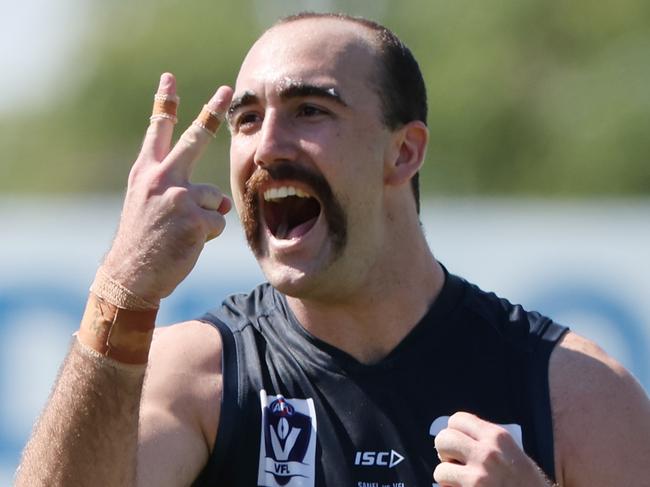 Brayden Crossley from Victoria reacts after scoring a goal during the AAMI State game between South Australia and Victoria at Glenelg Stadium in Adelaide, Saturday, April 6, 2024. (SANFL Image/David Mariuz)