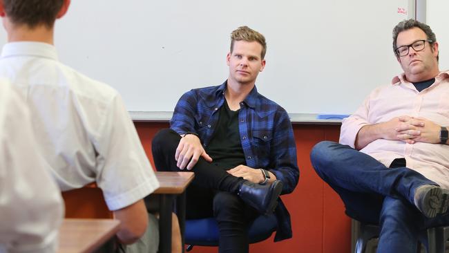 Sitting alongside Gus Worland, Steve Smith revealed just how hard it was for him in the wake of the Sandpapergate scandal. Picture: Richard Dobson