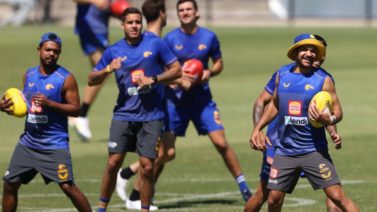 Recruit Sam Petrevski-Seton (right) joins Eagles training in Perth. Picture: Paul Kane/Getty Images