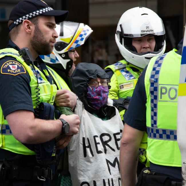 Extinction Rebellion protester in Hobart CBD after Dead Sea March. It's not suggested this person was charged. CREDIT: Josh Agnew/ Pulse FM Hobart