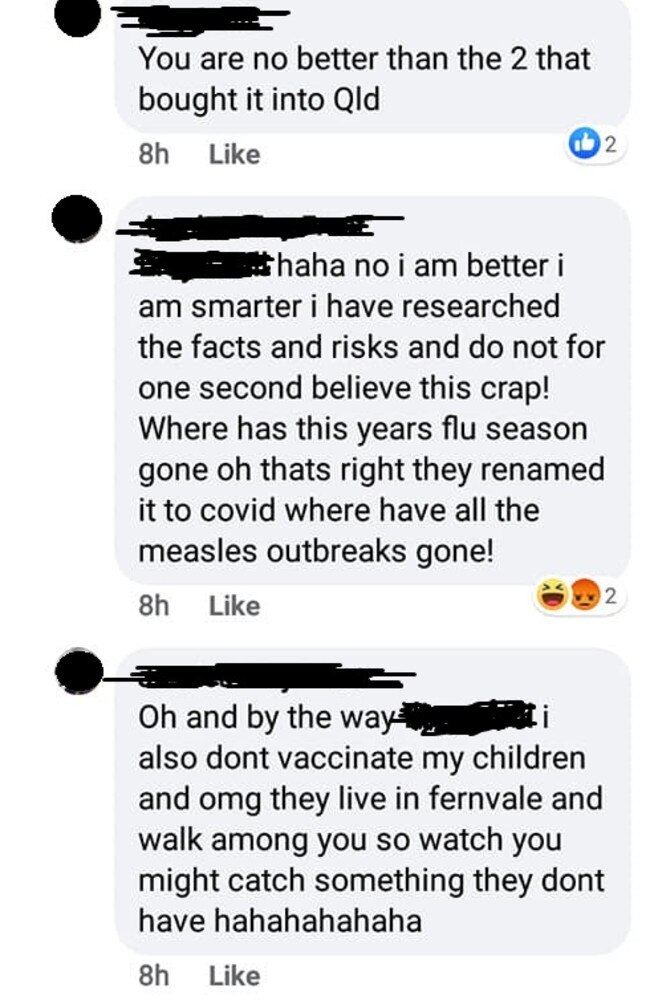 Screenshot where a Facebook user denies needing to get a COVID test or self-isolate despite dining at a restaurant where two COVID-positive teens dined at. Picture: Facebook