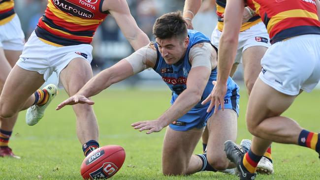 Patrick Wilson from Sturt and Jay Boyle from the Crows (R) during the Round 6 SANFL match between Sturt and Adelaide at Unley Oval in Adelaide, Saturday, May 13, 2023. (SANFL Image/David Mariuz)