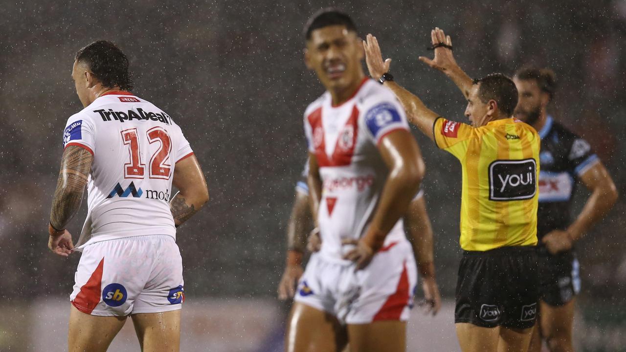 Jaydn Su'A of the Dragons is sent to the sin bin. Picture: Jason McCawley/Getty Images