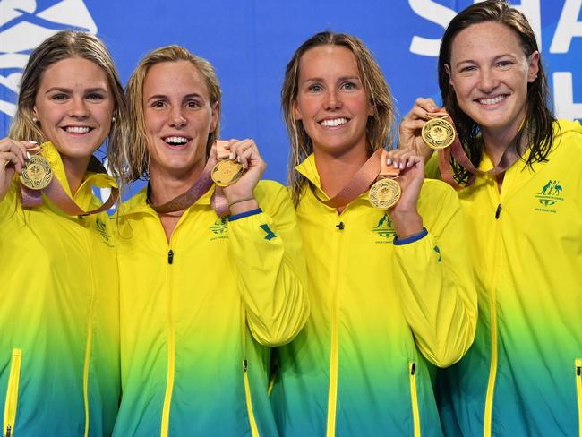 (L-R) Gold Medalists Shayna Jack, Bronte Campbell, Emma McKeon, Cate Campbell of Australia during the medal ceremony for the Women's 4 x 100m Freestyle Relay Final during the XXI Commonwealth Games at Gold Coast Aquatic Centre on the Gold Coast, Australia, Thursday, April 5, 2018. (AAP Image/Darren England) NO ARCHIVING, EDITORIAL USE ONLY