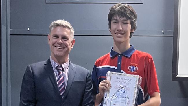 Year 10 Dux - Angus Igarashi with Principal, Mr Daman Weir - Tin Can Bay State School awards 2023.