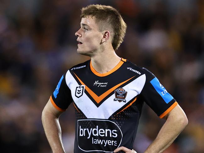 SYDNEY, AUSTRALIA - SEPTEMBER 06: Lachlan Galvin of the Tigers reacts at full time during the round 27 NRL match between Wests Tigers and Parramatta Eels at Campbelltown Stadium, on September 06, 2024, in Sydney, Australia. (Photo by Jeremy Ng/Getty Images)