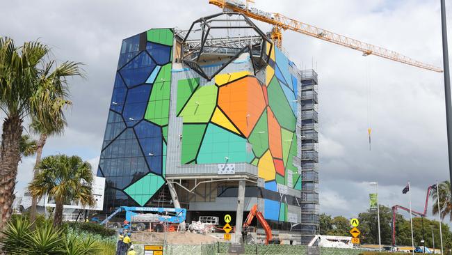 The new HOTA gallery building stands out from its surroundings at Bundall, and the new rooftop bar is an added twist to the colourful landmark. Picture Glenn Hampson.