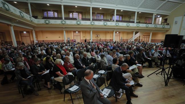 Hundreds of people have crammed into Hobart's City Hall for a back to back public meetings on the cable car and building heights. Picture: RICHARD JUPE