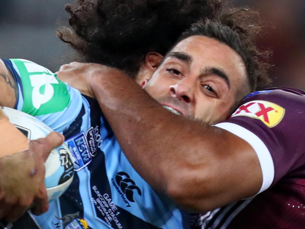 BRISBANE, AUSTRALIA - JUNE 05: Paul Vaughan of the Blues is tackled during game one of the 2019 State of Origin series between the Queensland Maroons and the New South Wales Blues at Suncorp Stadium on June 05, 2019 in Brisbane, Australia. (Photo by Chris Hyde/Getty Images) *** BESTPIX ***