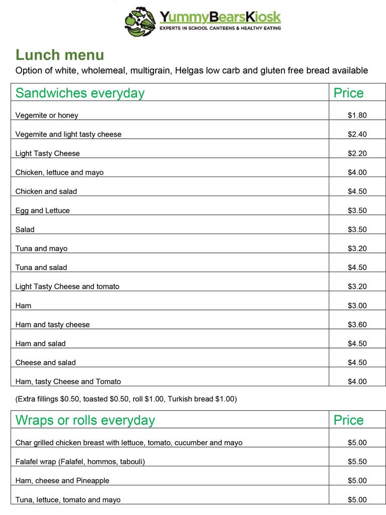 Kent Road Public School lunch menu 