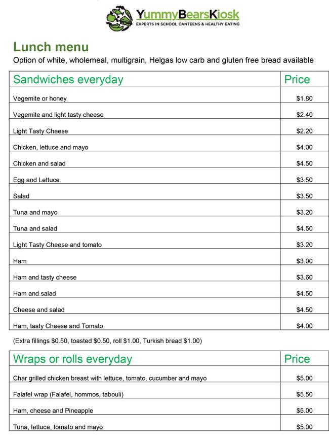 Kent Road Public School lunch menu