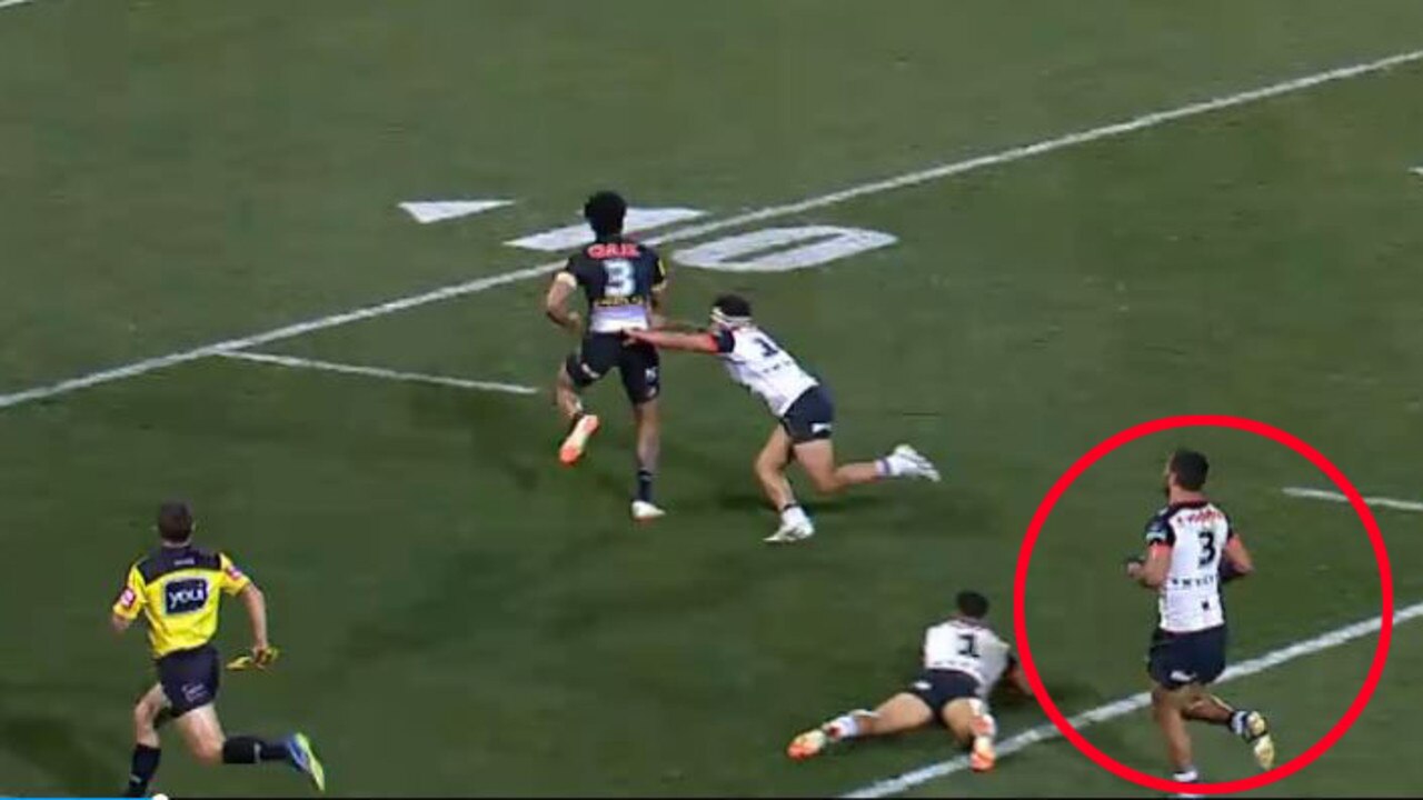 Peter Hiku appears to give up on the play as Blake races away to score